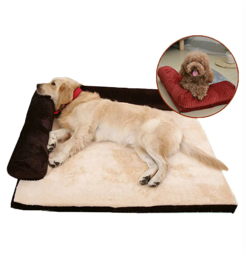Corduroy pet sofa bed in red colour with high-density sponge padding and non-slip base