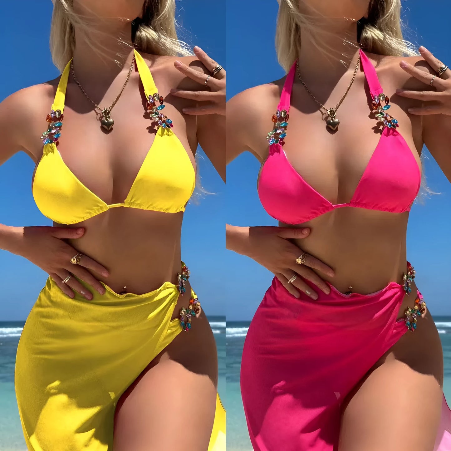 Three-piece polyester bikini set with mesh long skirt in rose red or yellow colour, sizes S M L