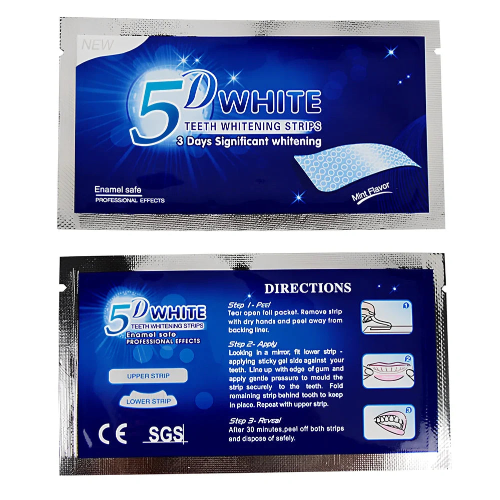 5D Gel Teeth Whitening Strips package showing flexible strips that mould to teeth with no-slip grip