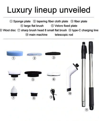 White 7-in-1 electric cleaning brush with telescopic rod and multiple brush heads for kitchen surfaces