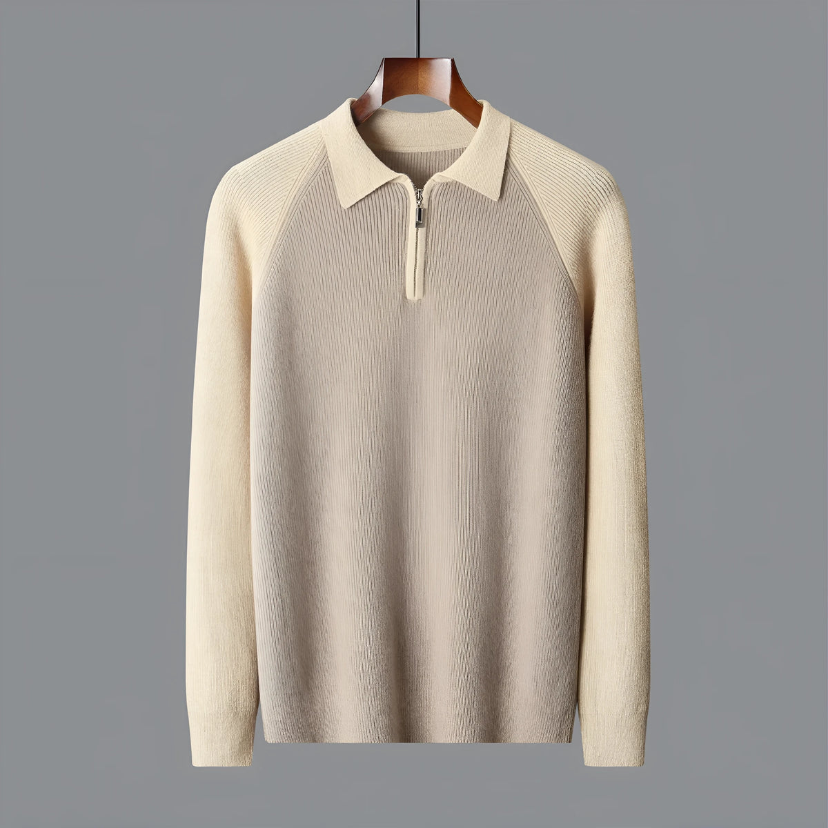 Men's wheat camel half zip wool sweater with contrast lapels, slim fit winter pullover
