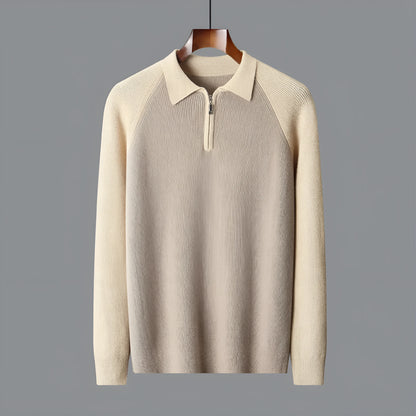 Men's wheat camel half zip wool sweater with contrast lapels, slim fit winter pullover