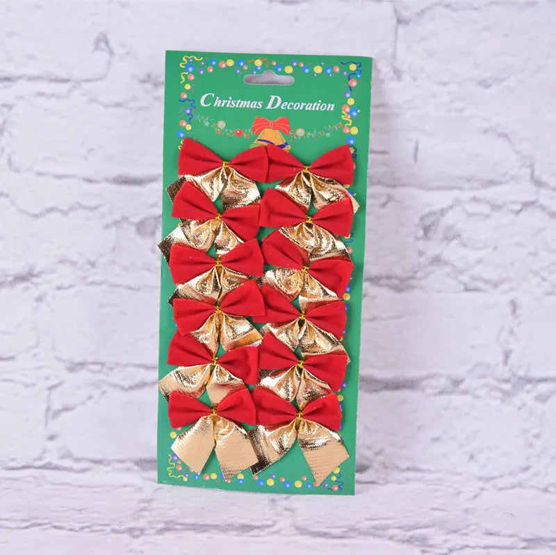 Polyester Christmas tree bow ornament in red, gold, and silver colours measuring 5 cm wide