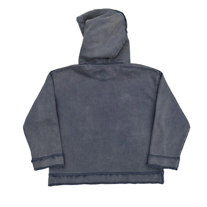 Dark blue hoodie sweater with The Sun Also Rises Back To Make text on the front.