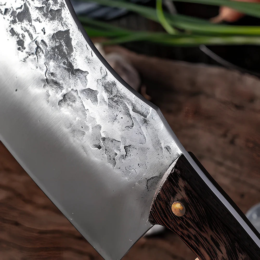 Professional chef knife with 20cm stainless steel blade and antique wenge wood handle with copper nails