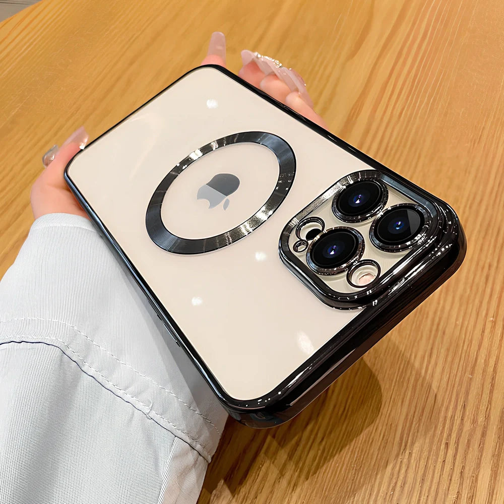 TPU transparent electroplating CD pattern magnetic phone case showing holographic effect on iPhone