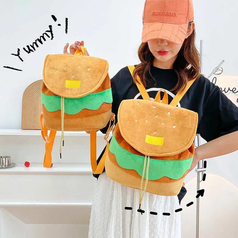 Hamburger-shaped plush backpack with adjustable drawstring and fastening buckle