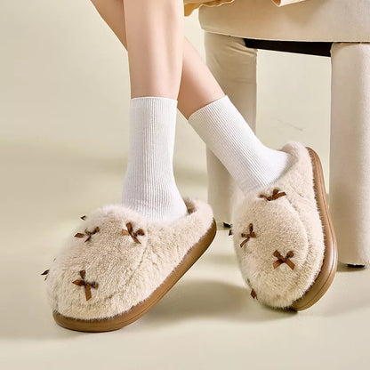 Women's plush butterfly knot slippers with memory foam insole in milk tea, cloud white, and sweetheart pink