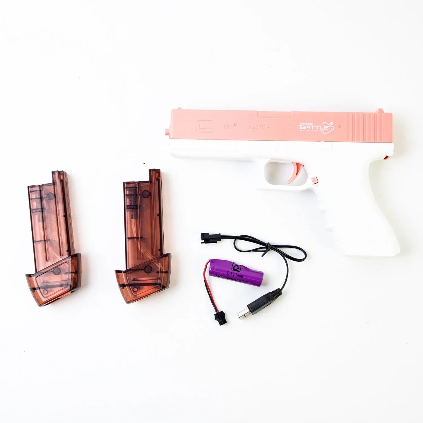Blue automatic electric water gun with USB charging port and anti-skid grip handle.