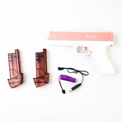 Blue automatic electric water gun with USB charging port and anti-skid grip handle.