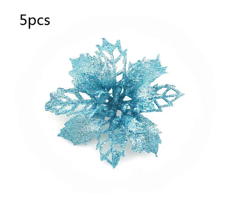 Glitter artificial Christmas flowers measuring 11cm with sparkling coating in various colour options