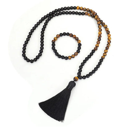 Handmade tiger eye stone necklace with ball bead chain and tassel pendant, adjustable length over 81cm