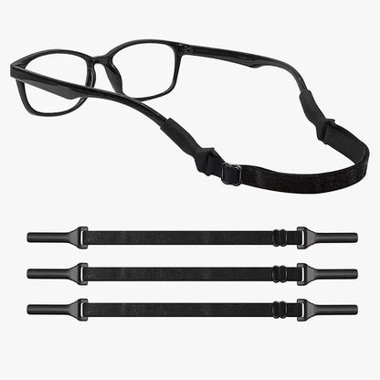 Black adjustable glasses cord strap with silicone earpiece tips shown in adult and children's styles