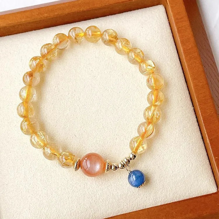 Gold rutilated quartz sunstone bracelet with round diamond shape and adjustable 20-24cm sizing