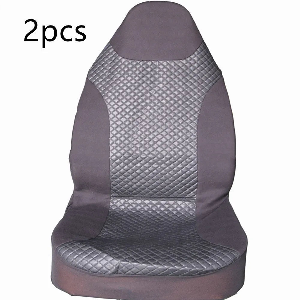Black quilted universal car seat cover fitted on a front car seat, showing diamond stitching and plastic hook fastenings.