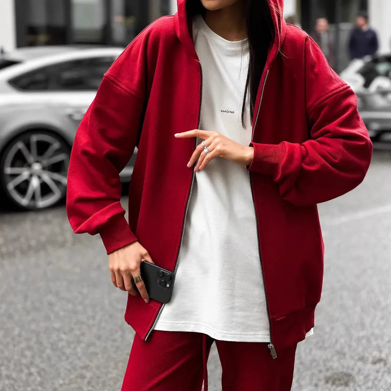 Long-sleeved coat and trousers two-piece set in loose street style, Asian size S M L XL available in red, light grey, or grey, made from solid colour polyester fabric for casual wear
