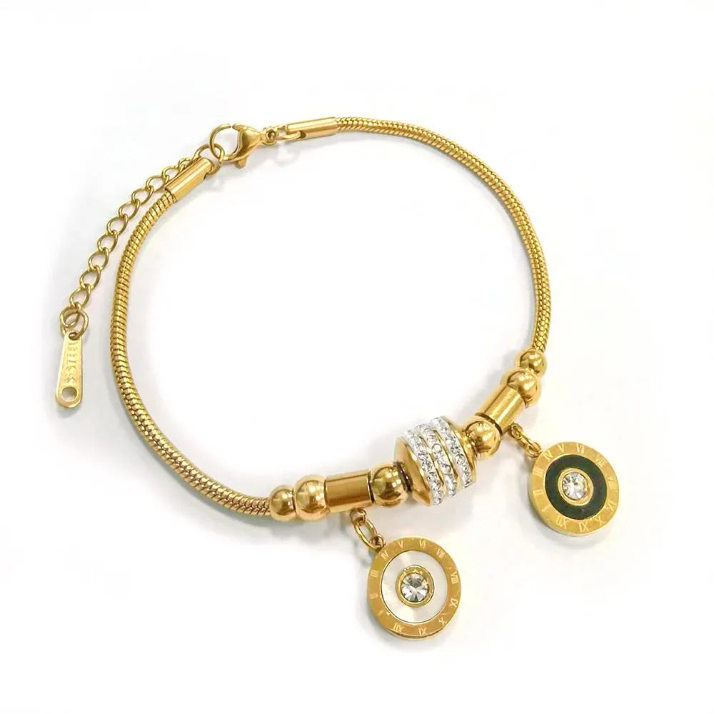Titanium steel inlaid shell bracelet with electroplated finish showing pattern variation options