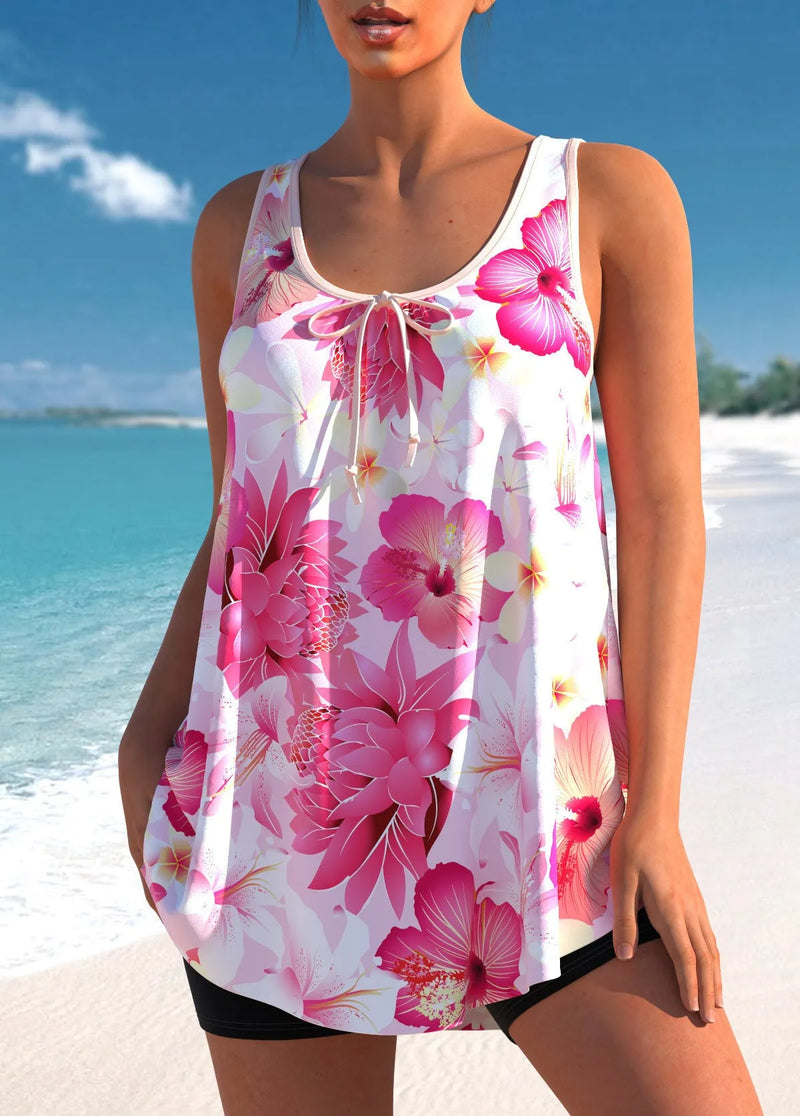 Printed Tankini Swimsuit for Plus Size Ladies, split cup halter bikini top with high waist briefs in pink floral print, made from 100% polyester lining for quick-drying performance, UK sizes S to 5XL
