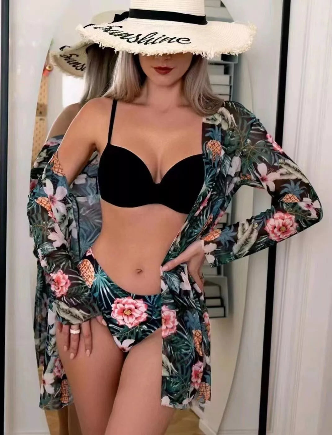 European and American three-piece swimsuit set in polyester for swimming and wading