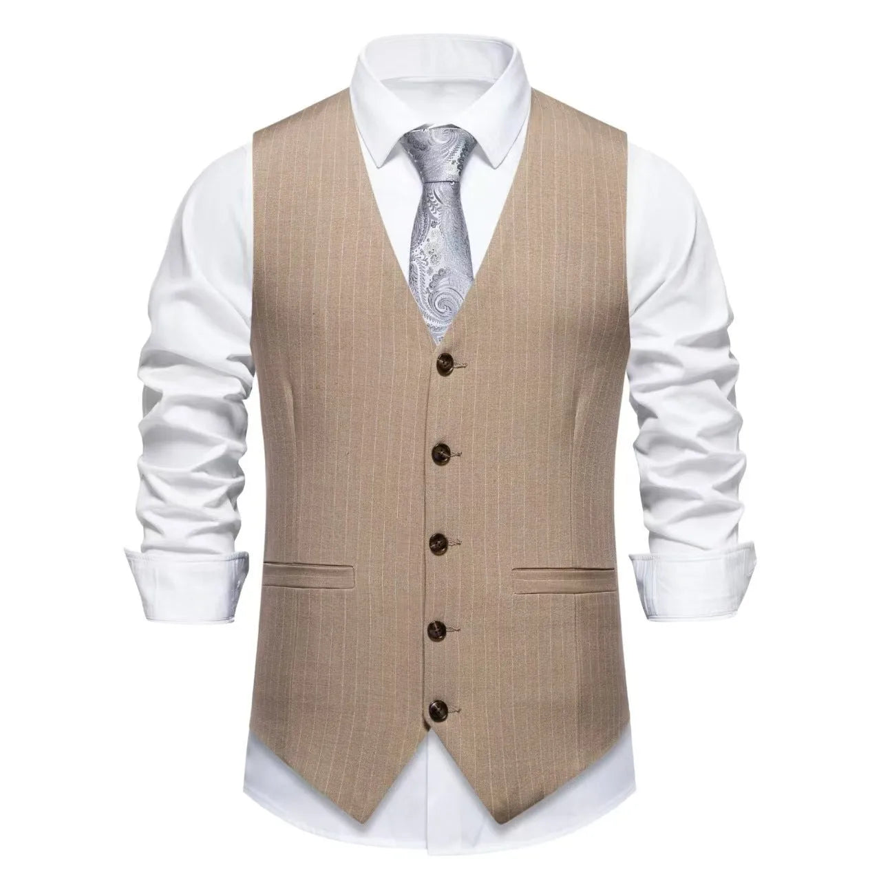 Men's striped suit vest with non-ironing finish and miter bottom hem