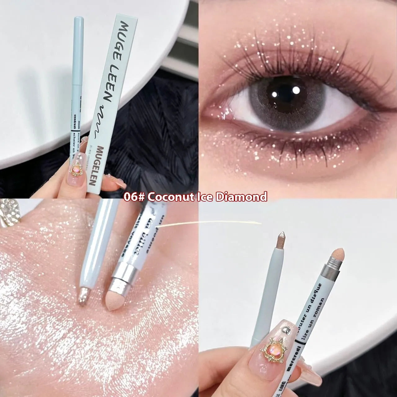 Dual-ended waterproof eyeliner and eyeshadow pencil in a silver casing, showing six colour options.