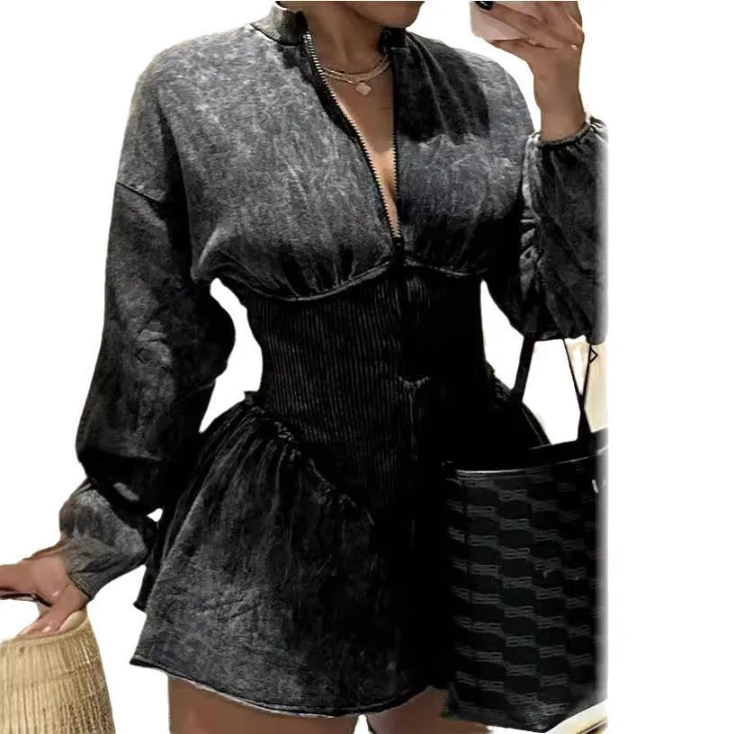 Grey women's dress with A-line skirt, drawstring waist, long sleeves, and digital printing detail