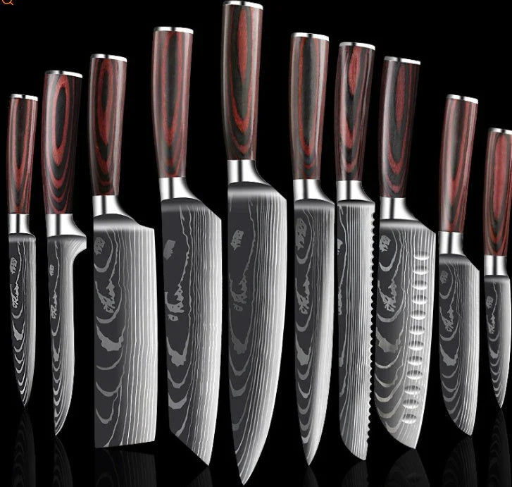 Premium 8-Piece Stainless Steel Chef Knife Set with Elegant Damascus Pattern Blades and Ergonomic Handles