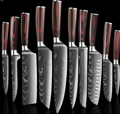 Premium 8-Piece Stainless Steel Chef Knife Set with Elegant Damascus Pattern Blades and Ergonomic Handles