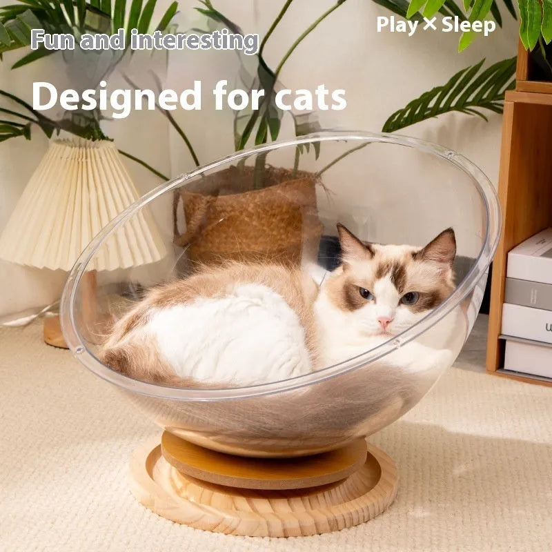 Transparent acrylic cat bath capsule enclosure with turntable base serving as pet bed