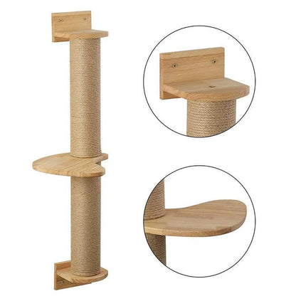 Wooden cat climbing frame with wall-mounted jumping platform and flax grab post in natural wood colour