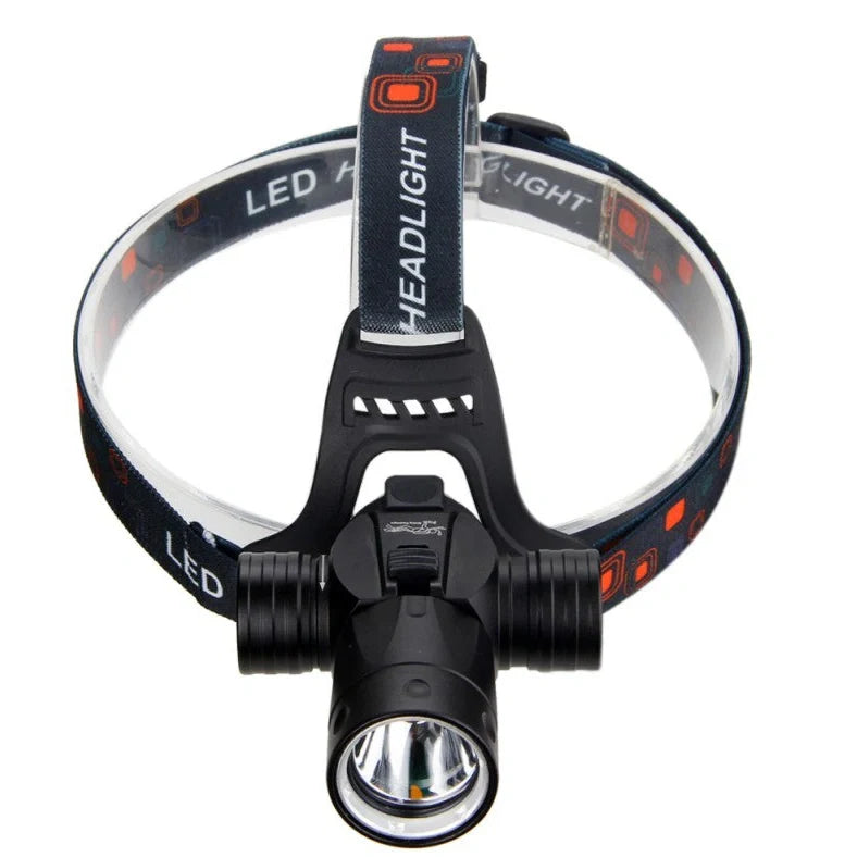 Aluminium alloy diving headlight with elastic headband showing 200-metre irradiation and 80-metre waterproof rating