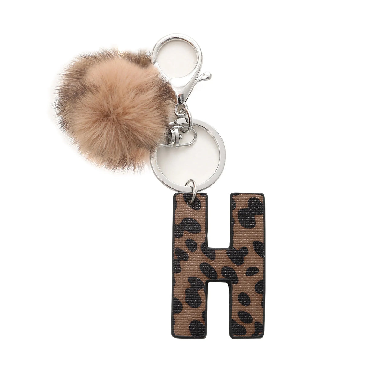 Leopard-print artificial leather keychain with oil-edged acrylic letter and included key ring, retro style