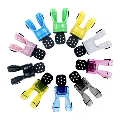 Plastic-free 110mm silicone diving mouthpiece in various solid and transparent colours.