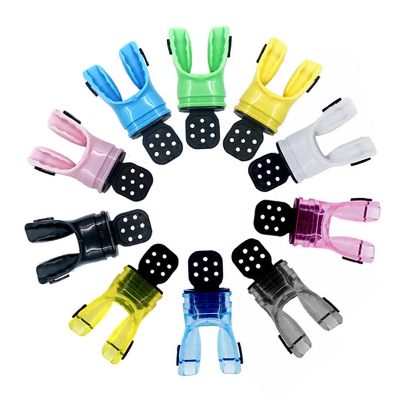 Plastic-free diving mouthpiece made from food-grade silicone, 110mm length, compatible with snorkels and diving regulators, available in 12 colours including black, white, transparent and pure solid hues for personal preference and gear matching.