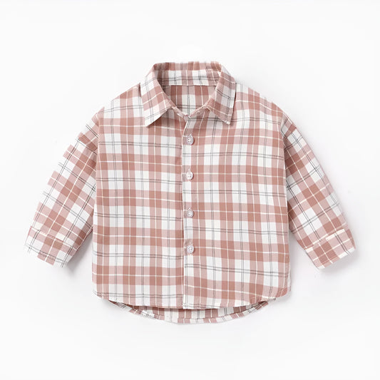 Boys' long sleeve cotton shirt with lattice animal print in light blue, sizes based on child height.