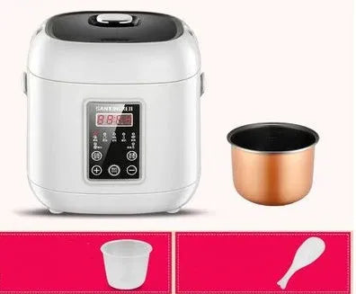 Compact round rice cooker with steam pan, non-stick inner pot, and mechanical dial, sized 160mm x 160mm x 190mm.
