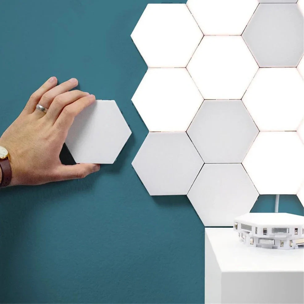 Hexagonal honeycomb wall lamp with touch control for 7 colour options and adhesive mounting system