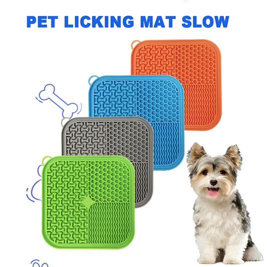 Orange, grey, blue, and green silicone dog licking mat with textured surface and suction cups