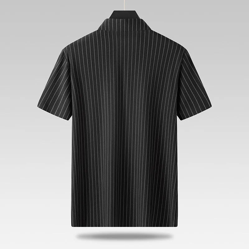 Black and khaki striped plus size men's casual shirt with a square collar, shown in a loose fit.