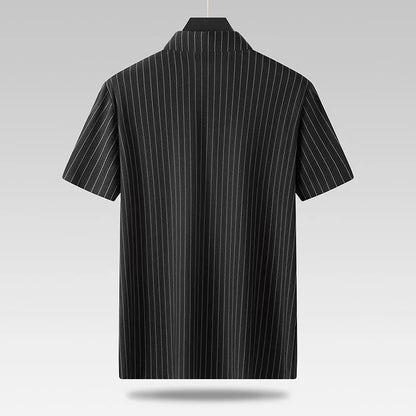 Black and khaki striped plus size men's casual shirt with a square collar, shown in a loose fit.