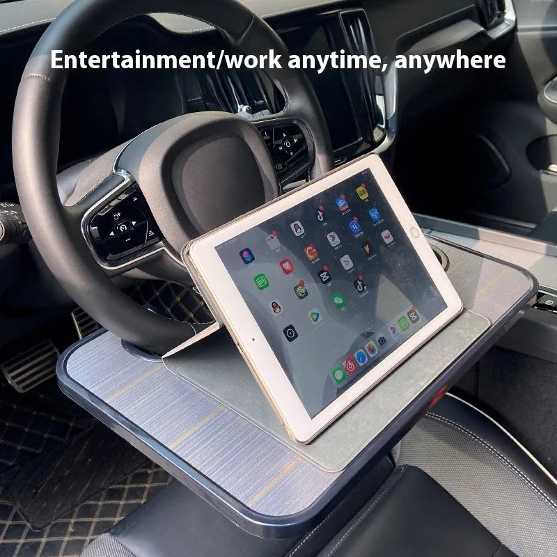 Black ABS plastic car steering wheel tray functioning as a laptop stand and dining table