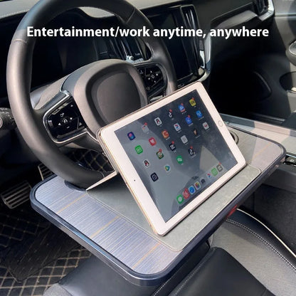 Black ABS plastic car steering wheel tray functioning as a laptop stand and dining table