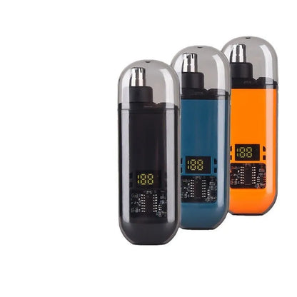 Rechargeable nose hair trimmer with digital display, removable cutter head, and cleaning brush.