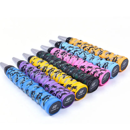 Roll of PU camouflage print grip tape for badminton racket, fishing rod and table tennis bat handles.