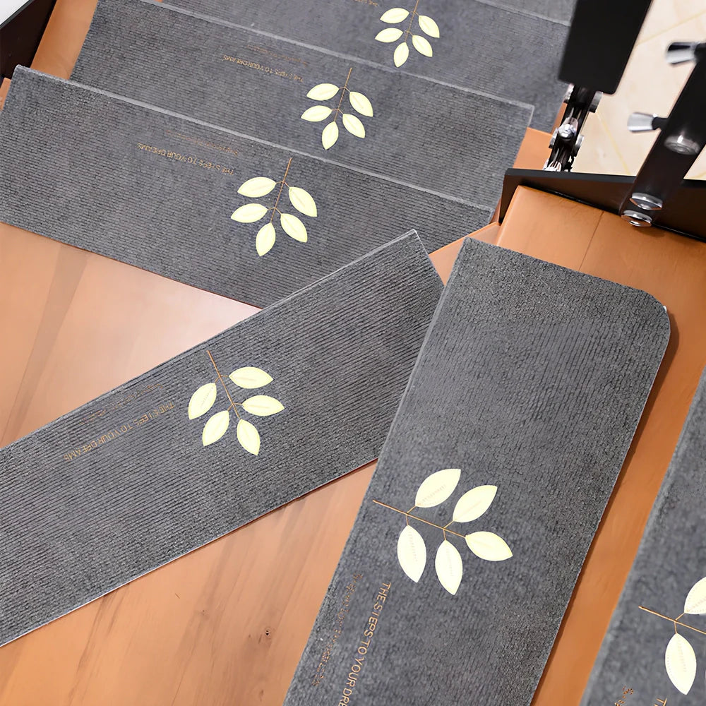 Self-adhesive luminous stair mat with glow strips on wooden staircase, rectangular design with hemmed edges