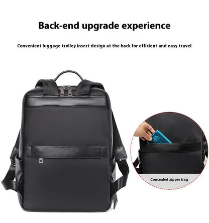 Men's genuine cowhide leather computer backpack in black with 36-55 litre capacity
