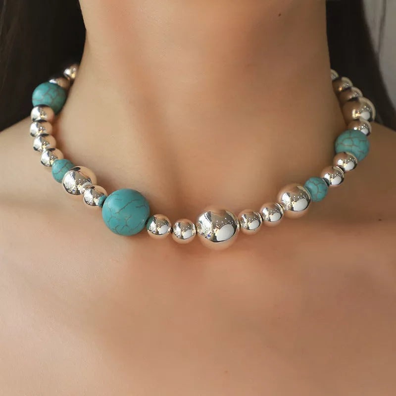 Turquoise beaded necklace and bracelet set for women, European and American style
