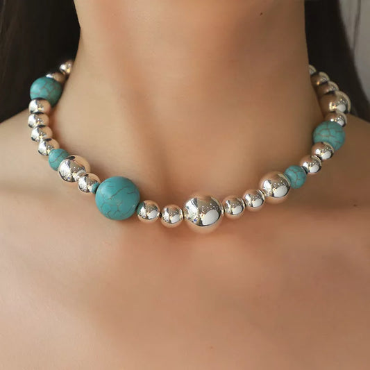Turquoise beaded necklace and bracelet set for women, European and American style