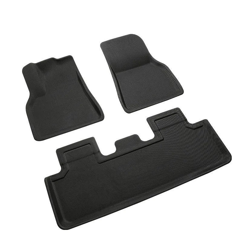 Tesla Model Y TPR floor mat set showing foot mats, storage box mats, and tailbox mats