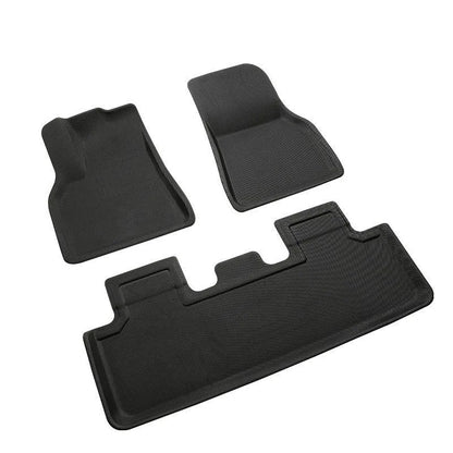 Tesla Model Y TPR floor mat set showing foot mats, storage box mats, and tailbox mats